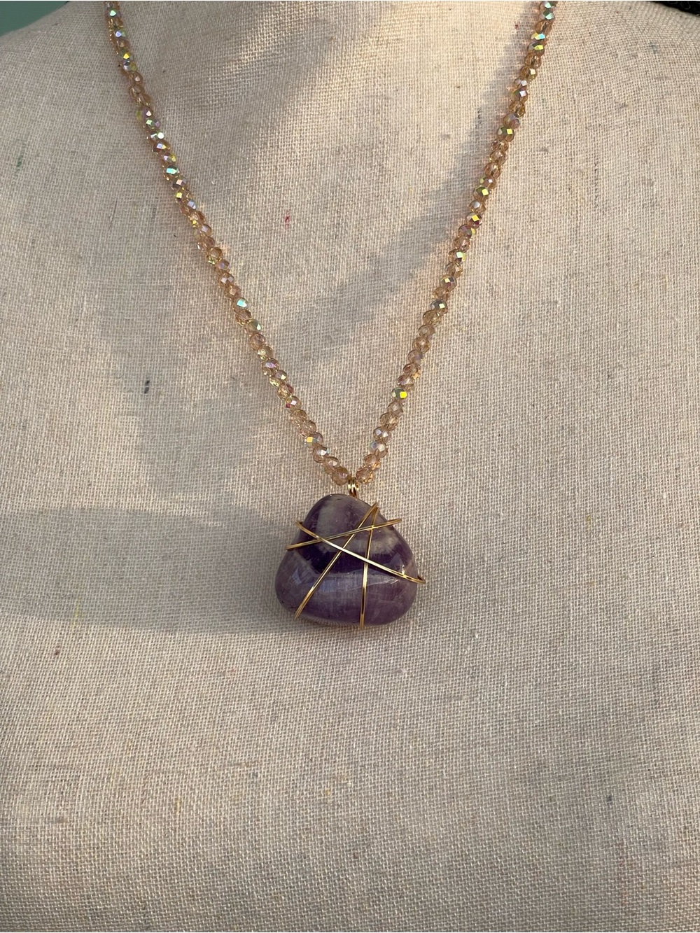 Amethyst Gold Tone Wire Wrap Champagne Glass Beaded Necklace - Picture 3 of 4